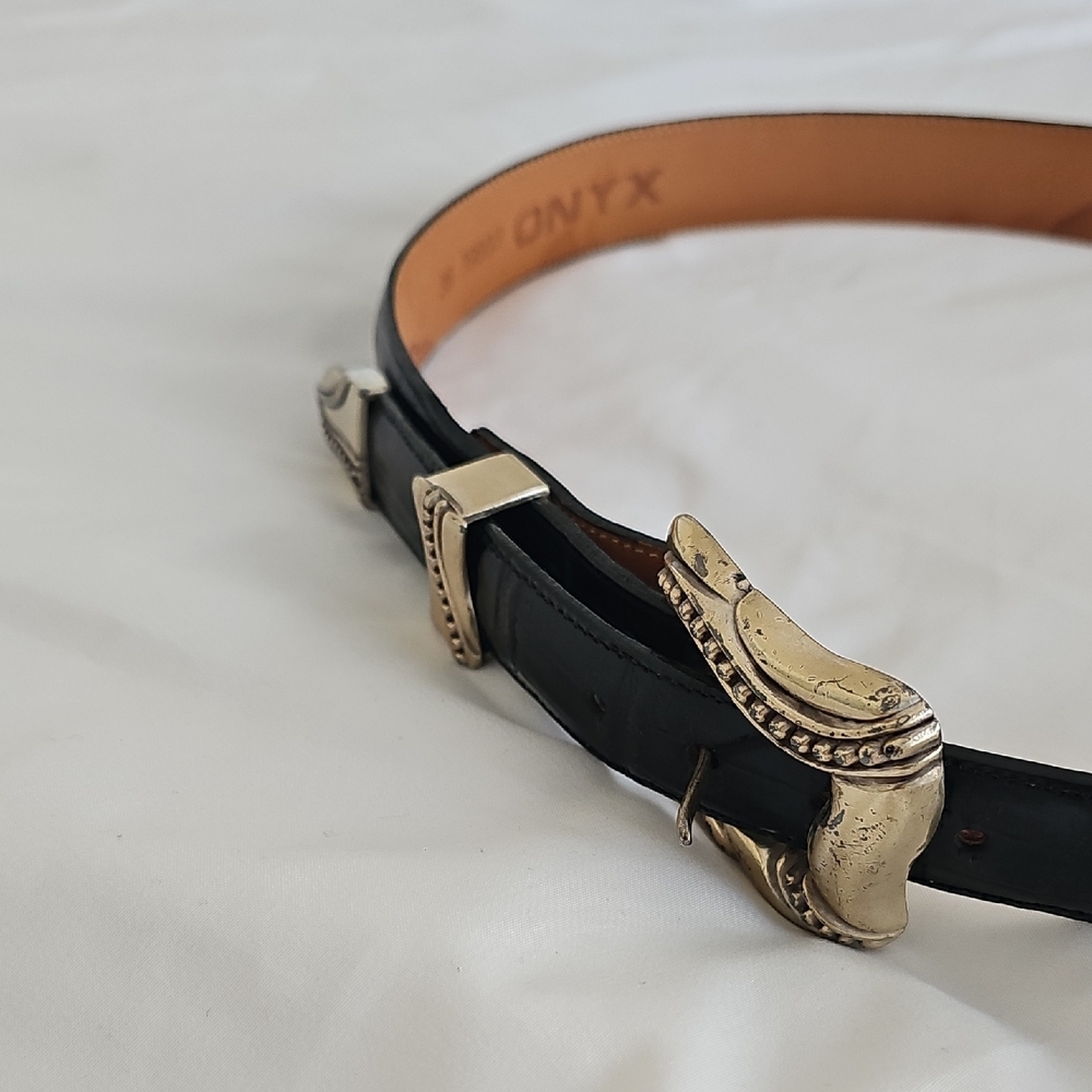 Onyx Black Leather Belt with Gold-Tone Western Buckles
